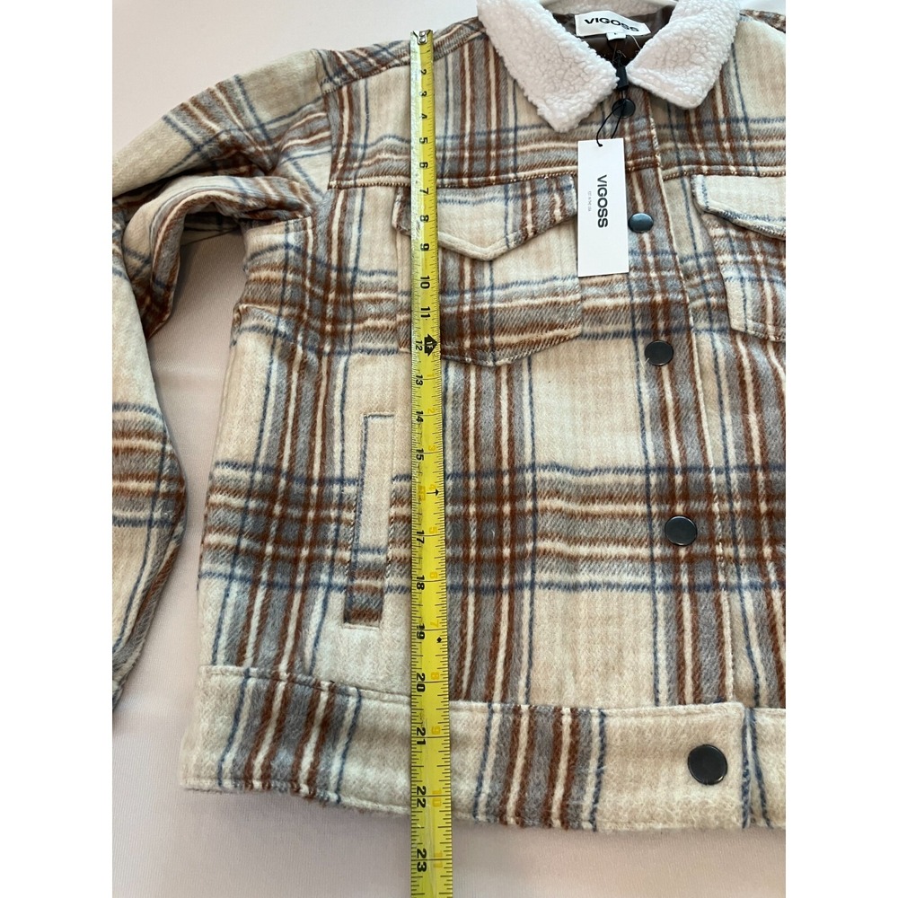 Vigoss‎ Brown Plaid Sherpa Trucker Jacket Women's Large Cropped Snap Front NWT - Picture 9 of 15